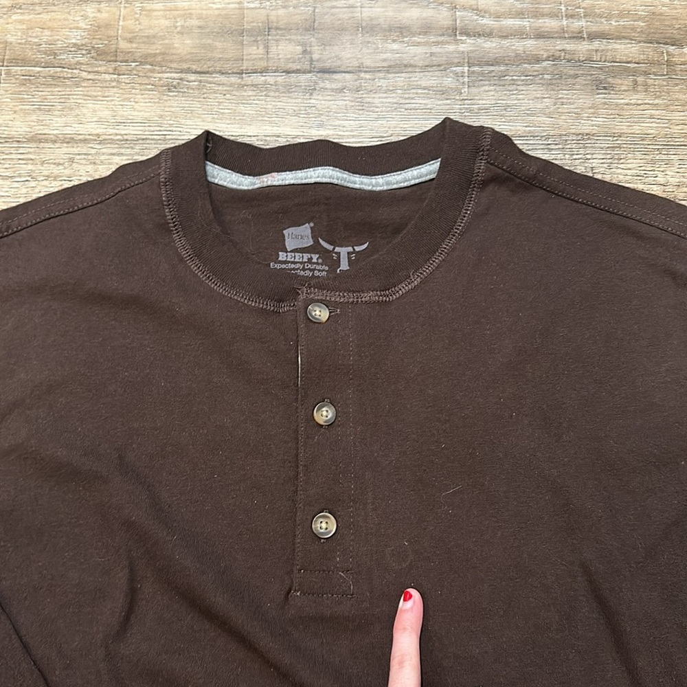 HANES Beefy-T Long-Sleeve Teal Henley Shirt M - Picture 2 of 2